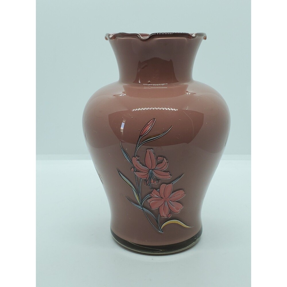 Dusty Rose Vintage Vase with Hand Painted Lilies